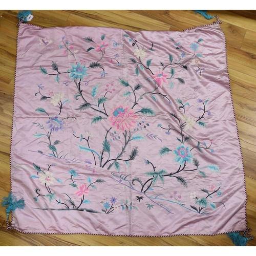 281 - An Oriental mauve ground embroidered silk shawl