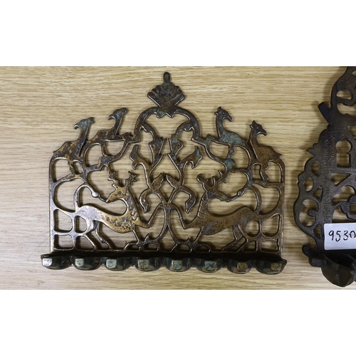 282 - Three Continental brass or bronze Hanukkah lamp, tallest 30cm