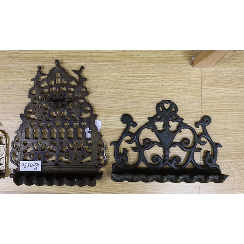 282 - Three Continental brass or bronze Hanukkah lamp, tallest 30cm