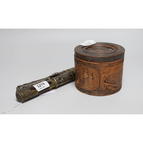 284 - Two Chinese knives and a terracotta lidded pot