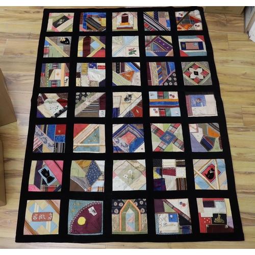 288 - A 19th century crazy patchwork quilt worked with silks and velvets in novelty motifs