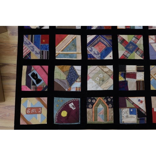 288 - A 19th century crazy patchwork quilt worked with silks and velvets in novelty motifs