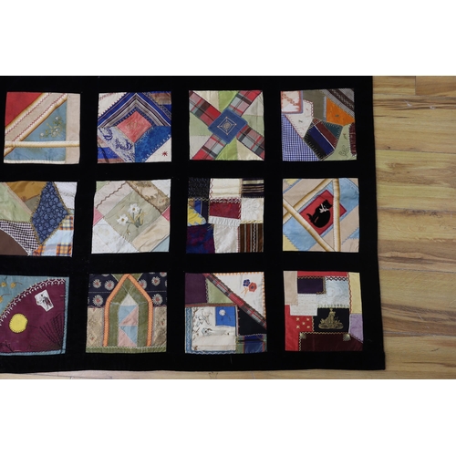 288 - A 19th century crazy patchwork quilt worked with silks and velvets in novelty motifs