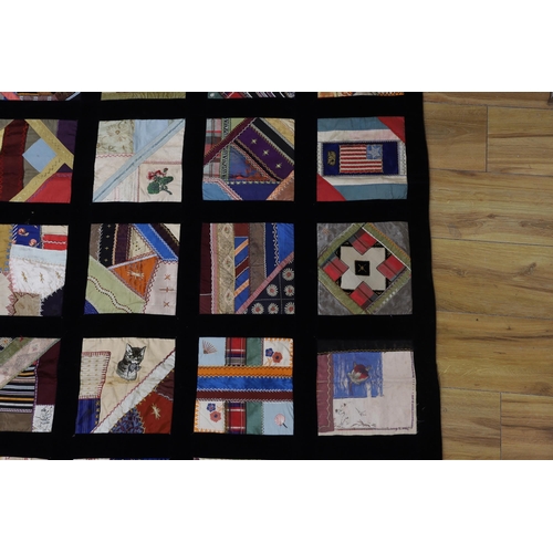 288 - A 19th century crazy patchwork quilt worked with silks and velvets in novelty motifs