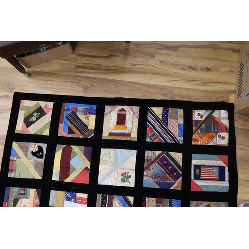 288 - A 19th century crazy patchwork quilt worked with silks and velvets in novelty motifs