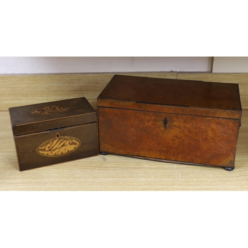 289 - A George IV burr walnut tea caddy, 34cm and a George III harewood and marquetry tea caddy