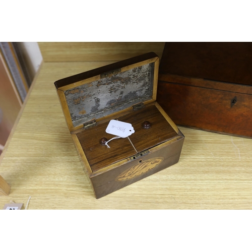 289 - A George IV burr walnut tea caddy, 34cm and a George III harewood and marquetry tea caddy