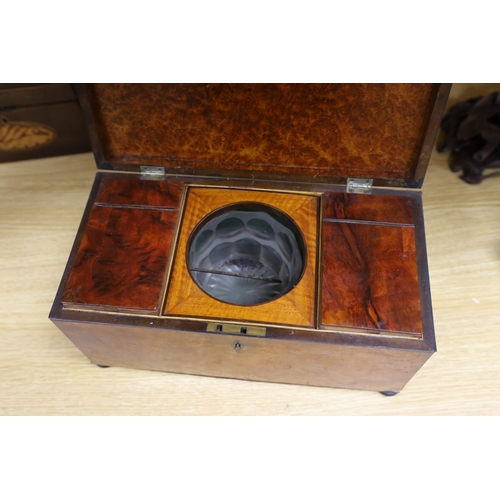 289 - A George IV burr walnut tea caddy, 34cm and a George III harewood and marquetry tea caddy
