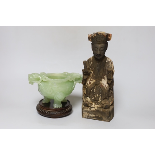 351 - A Chinese bowenite jade censer, on stand and Chinese Qing carved and lacquered wood figure of a seat... 