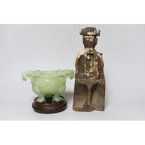 351 - A Chinese bowenite jade censer, on stand and Chinese Qing carved and lacquered wood figure of a seat... 