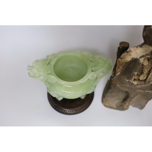 351 - A Chinese bowenite jade censer, on stand and Chinese Qing carved and lacquered wood figure of a seat... 