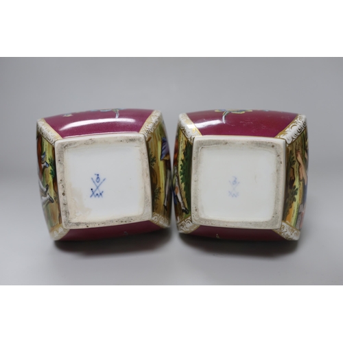 352 - A pair of early 20th century Dresden square  bottle vases, 31cm