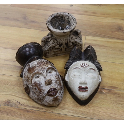 354 - The Two African masks and another carving, tallest mask 30cm high