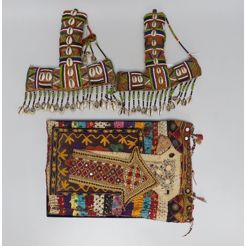 355 - 19th and 20th century textiles: An Indian mirrored and patchwork bag, a smaller embroidered bag, an ... 