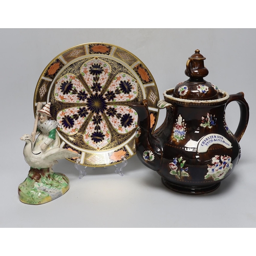 356 - A Measham Bargeware teapot, a Derby Imari 1128 dish and an unusual Victorian Staffordshire group of ... 