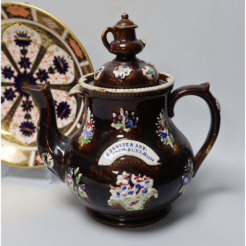 356 - A Measham Bargeware teapot, a Derby Imari 1128 dish and an unusual Victorian Staffordshire group of ... 