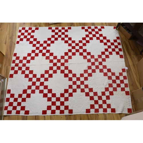 364 - An American quilt Texas Star pattern, red on white backing