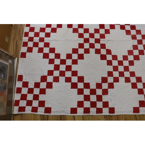 364 - An American quilt Texas Star pattern, red on white backing