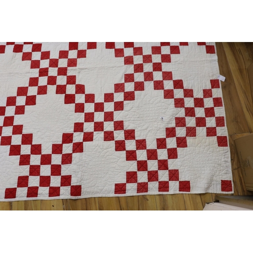 364 - An American quilt Texas Star pattern, red on white backing