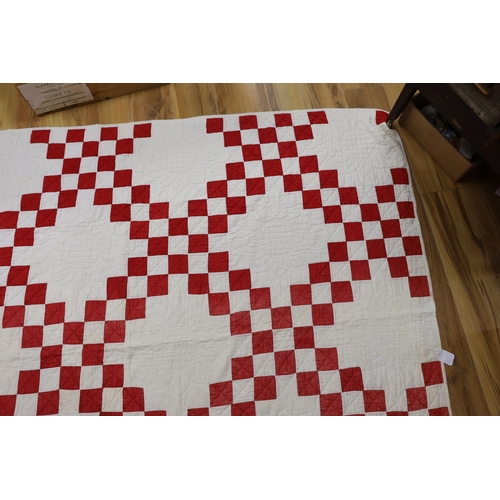 364 - An American quilt Texas Star pattern, red on white backing