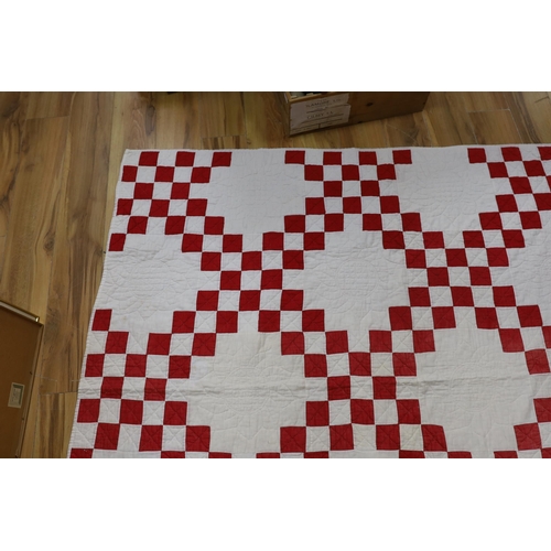 364 - An American quilt Texas Star pattern, red on white backing