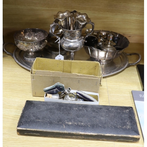 368 - A plated tray, mixed silver and other squat candlesticks, photo frames etc