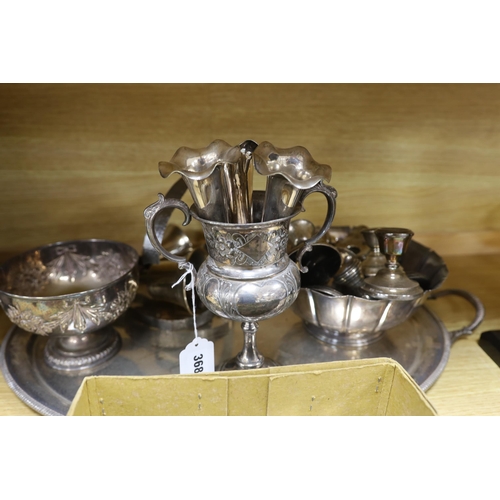 368 - A plated tray, mixed silver and other squat candlesticks, photo frames etc