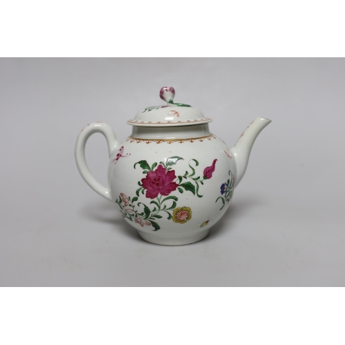 376 - A Worcester teapot and cover, painted with Chinese style flowers and winged insects, c.1770, 14cm ta... 
