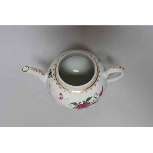 376 - A Worcester teapot and cover, painted with Chinese style flowers and winged insects, c.1770, 14cm ta... 