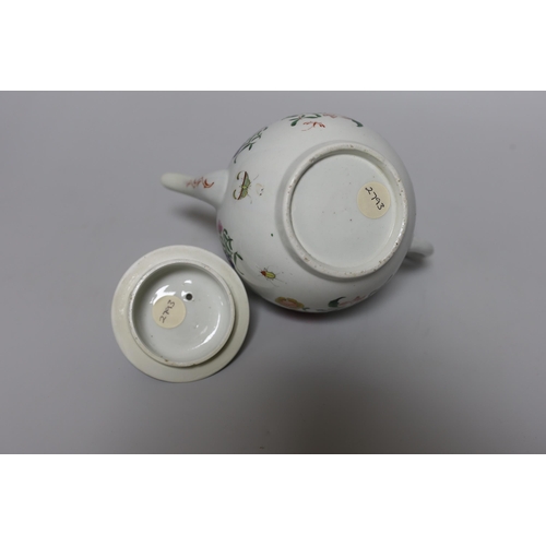 376 - A Worcester teapot and cover, painted with Chinese style flowers and winged insects, c.1770, 14cm ta... 