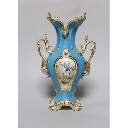 381 - A Coalport rococo two handled vase, painted with birds, probably by John Randall, on a turquoise gro... 