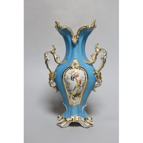 381 - A Coalport rococo two handled vase, painted with birds, probably by John Randall, on a turquoise gro... 