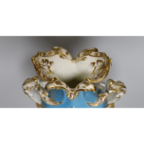 381 - A Coalport rococo two handled vase, painted with birds, probably by John Randall, on a turquoise gro... 