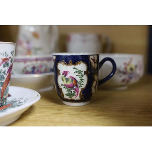 385 - A Chelsea ecuelle base with twig handles painted with Meissen style flowers, red anchor mark, a Derb... 