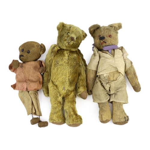 393 - An modern Teddy bear in early 20th century-style with boot-button eyes, 12in., and two other Teddy b... 