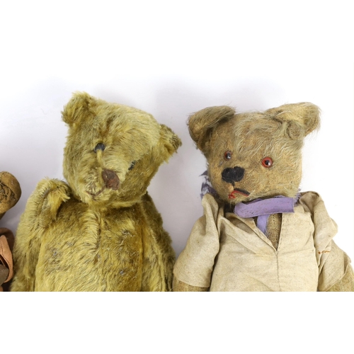 393 - An modern Teddy bear in early 20th century-style with boot-button eyes, 12in., and two other Teddy b... 