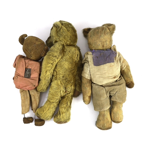 393 - An modern Teddy bear in early 20th century-style with boot-button eyes, 12in., and two other Teddy b... 