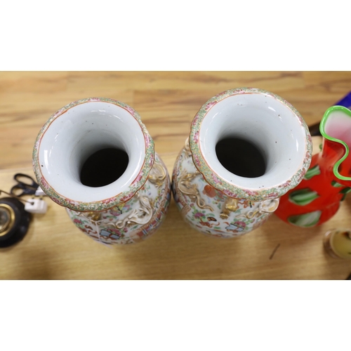 398 - A large pair of 19th century Chinese export famille rose vases, 45cm (a.f.)
