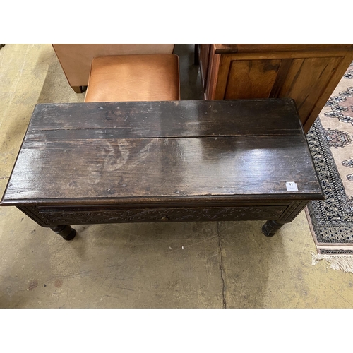 41 - A 19th century carved oak hall bench, (adapted), width 120cm, depth 51cm, height 54cm