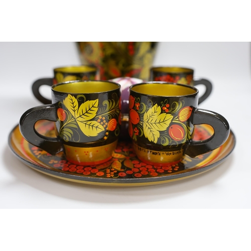 425 - A group of Russian papier mache vases, mugs, a tray and boxes and a late 20th century Japanese clois... 