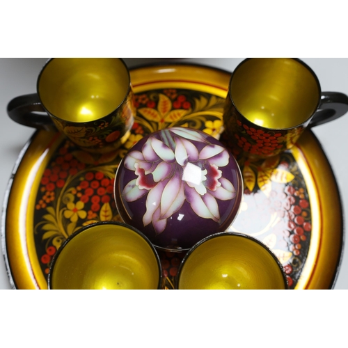 425 - A group of Russian papier mache vases, mugs, a tray and boxes and a late 20th century Japanese clois... 