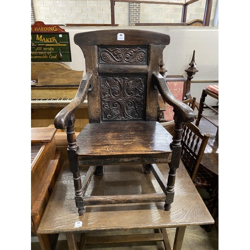 43 - A 17th century and later oak carved Wainscot chair, width 57cm, depth 51cm, height 99cm