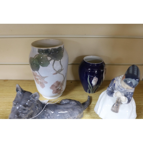 470 - Four Royal Copenhagen figures and animals, two similar vases and a Bing and Grondahl terrier