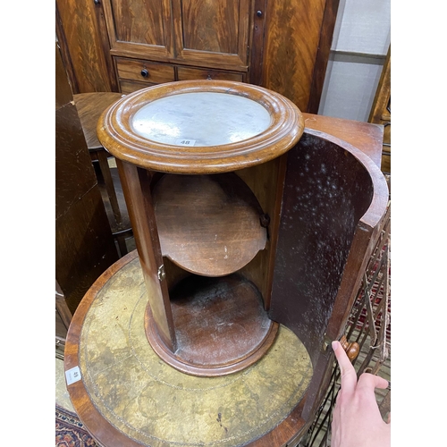 48 - A Victorian mahogany marble top cylindrical bedside cabinet, diameter 37cm, height 62cm