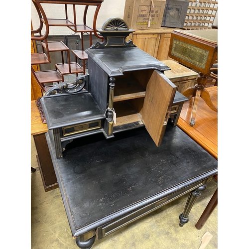 57 - A late 19th century French gilt metal mounted ebonised desk, width 90cm, depth 70cm, height 142cm... 