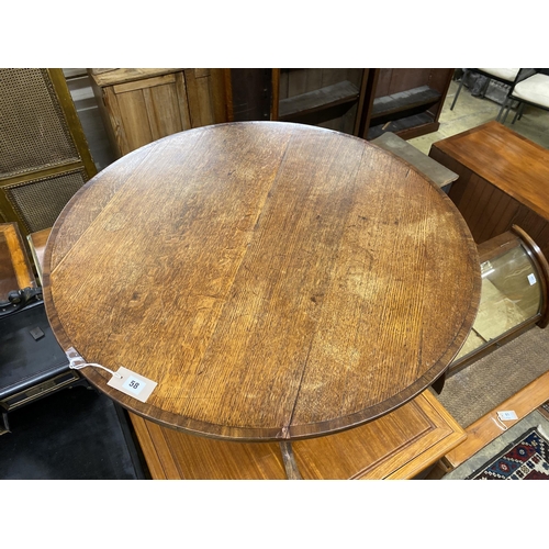 58 - A George III mahogany banded circular oak tilt top tea table, diameter 89cm, height 71cm