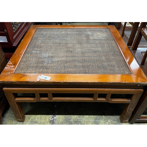 61 - A Chinese square caned pine low table, width 97cm, height 51cm