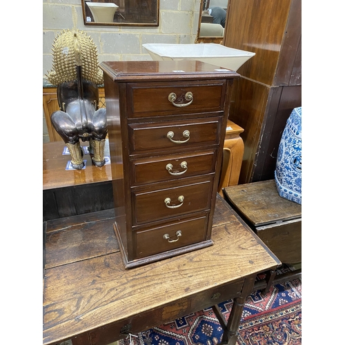 73 - An early 20th century mahogany five drawer small chest, adapted, width 38cm, depth 26cm, height 72cm... 