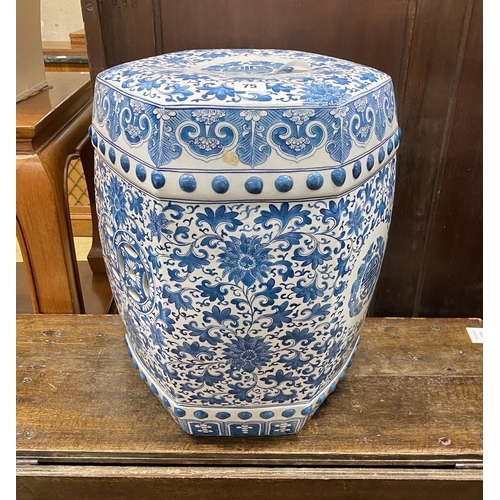 75 - A Chinese hexagonal blue and white porcelain garden seat, height 46cm