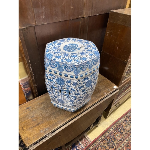 75 - A Chinese hexagonal blue and white porcelain garden seat, height 46cm